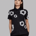 black short sleeve shirt with floral screen print