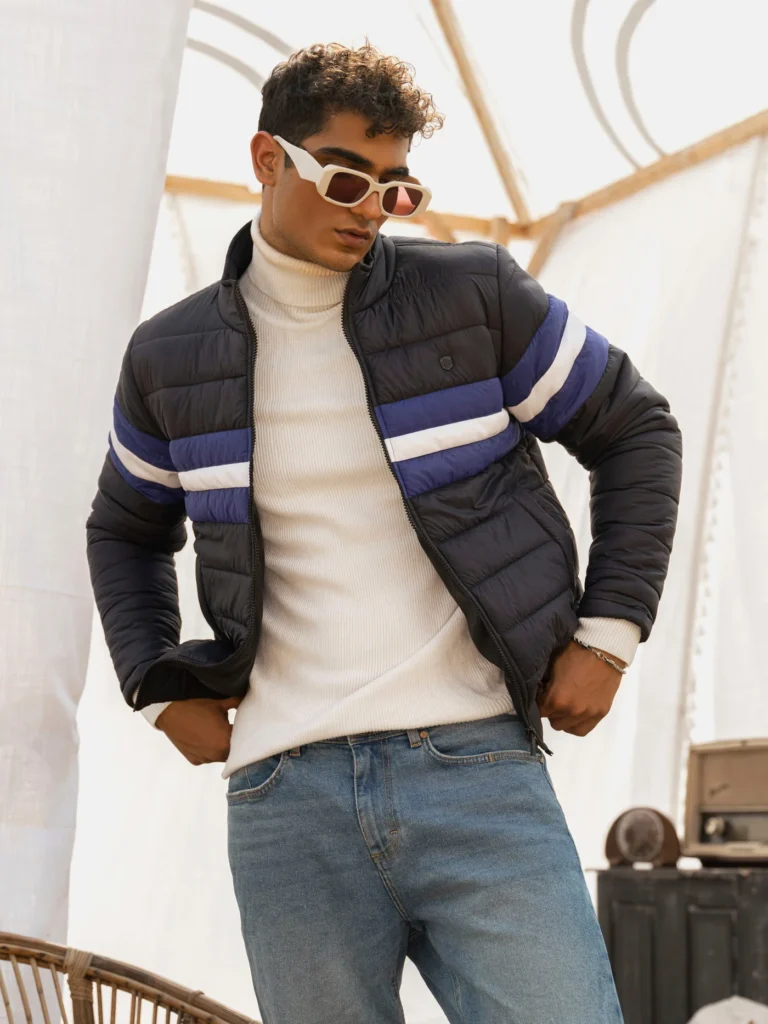 Blue puffer jacket with contrast stripe panel