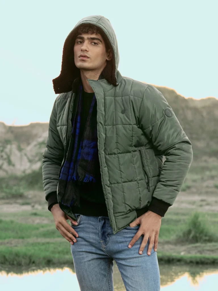Men’s green hooded quilted winter jacket